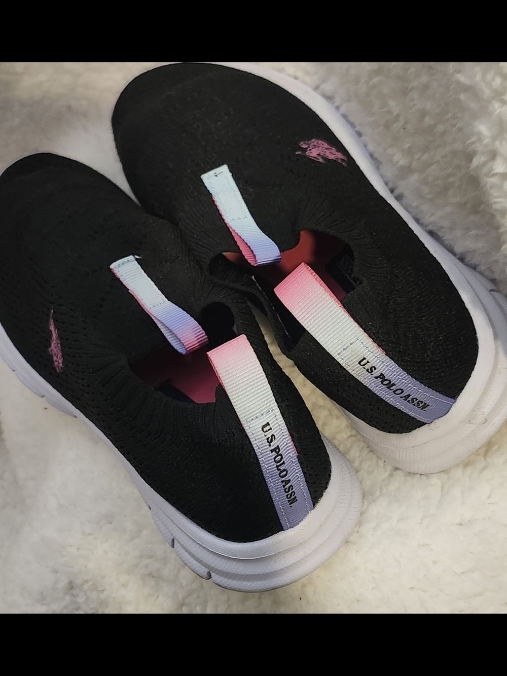 Ralph Lauren Slip-On Knit Sneakers in Black with Pink Logo - Picture 2 of 3